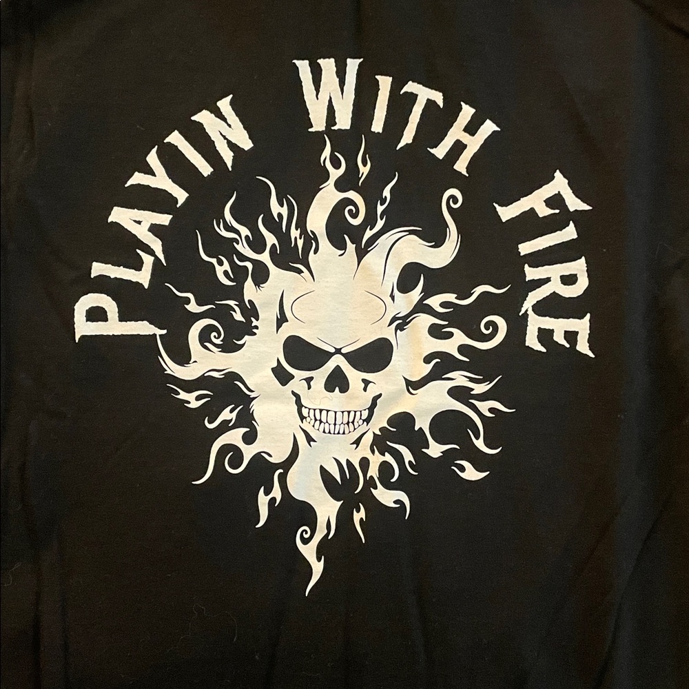 Black Graphic Playin with Fire Tee with Skull Design